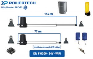 Kit motorisation à vérins pour portail 2 vantaux :  PW200-24V-WIFI - largeur 3,5 m, 200 kg par vantail.